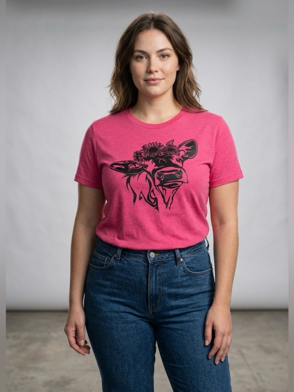 NWOT L.A.T Custom Women's Hot Pink Cow Graphic Short Sleeve Tee